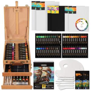 Kit de Pintura Profissional com Maleta de Madeira, 48 Peças, VISWIN, Marrom