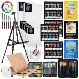 Deluxe Artist Kit de Pintura Profissional com Cavalete de Madeira, 149 Peças, SENMINK, Marrom