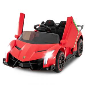 Carro Elétrico Infantil Licenciado 2 Lugares Lamborghini Veneno OLAKIDS Vermelho 12V 4WD Suspensão Controle Remoto Música USB MP3