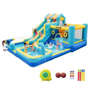 Parque Aquático Inflável 10 em 1 com Escorregador Duplo, Piscina, Parede de Escalada, Tobogã, Arma d'Água e Cesta de Basquete para Diversão