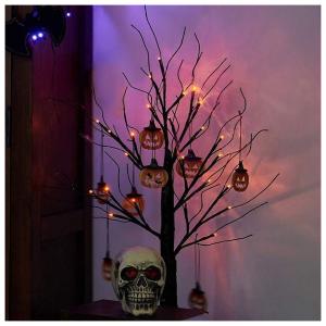 Decorações de Halloween PEIDUO, Árvore de Halloween preta de 2 pés com 24 luzes laranja e 8 enfeites de abóbora, iluminar decorações de