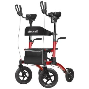 Andador Adulto Idoso com Apoio de Braço, Assento Acolchoado e Cesto, Suporta até 136 kg, HENMNII, Vermelho