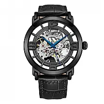 Relógio Automático Winchester 3964L de 42mm com Mostrador Preto, Pulseira de Couro Preta e Fivela Tang Preta, da Stuhrling.
