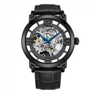 Relógio Automático Winchester 3964L de 42mm com Mostrador Preto, Pulseira de Couro Preta e Fivela Tang Preta, da Stuhrling.