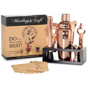 Kit Bartender Profissional 8 Peças em Aço Inoxidável com Suporte de Madeira, Mixology Craft Kit, Ouro Rosa