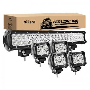 Barra LED e Faróis de Milha LED Off Road com 48800 Lúmens e Luz Branca IP68 12V 24V, 126W, 5Un, Nilight ZH003, Preto
