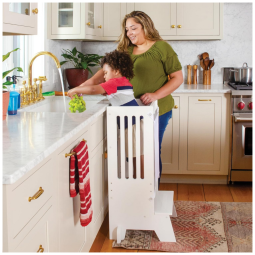 Banqueta Torre de Aprendizagem Guidecraft Jr. Contemporary Kitchen Helper Step-Up Branca Madeira Bétula Altura Ajustável