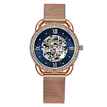 Relgio Automtico Stuhrling 3991M 36mm Mostrador Azul e Pulseira de Ao Inoxidvel Rosa com Fivela Dobrvel em Ouro Rosa