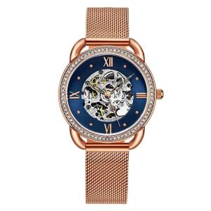 Relgio Automtico Stuhrling 3991M 36mm Mostrador Azul e Pulseira de Ao Inoxidvel Rosa com Fivela Dobrvel em Ouro Rosa