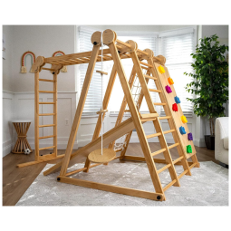 Playground Avenlur Chestnut 8 em 1 Playset Dobrável Infantil Indoor com Escorregador, Parede de Escalada, Barras de Macaco e Balanço.