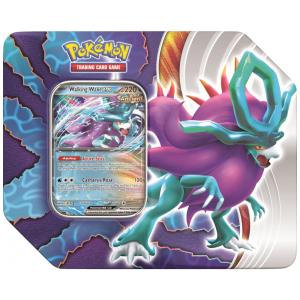 Lata de cartas Pokémon TCG Paradox Clash The Pokémon Company multicolorida com Walking Wake EX ou Iron Leaves EX - Cartas Exclusivas e 5