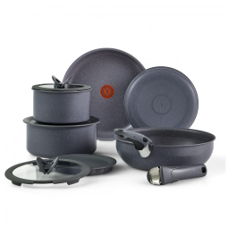 Jogo de Panelas, Potes e Frigideiras Antiaderentes com 11 Peças e Cabo Removível, T-Fal, Cinza