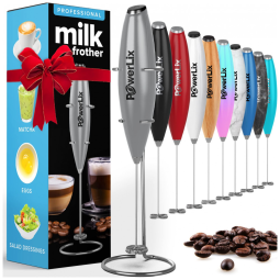 Espumador Elétrico de Leite em Aço Inoxidável a Bateria com Suporte, Titânio, POWERLIX 111, Prateado