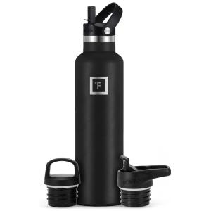 Garrafa Térmica para Água 710mL em Aço Inoxidável com 3 Tampas à Prova de Vazamento Isolada a Vácuo, IRON FLASK, Preta
