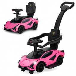 Carrinho de Passeio Infantil 3 em 1 com Rodas Universais, Alça, Guarda Corpos Removíveis e Música, OLAKIDS Lamborghini, Rosa