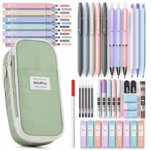 Kit escolar 50 peças Nicpro verde com estojo, canetas em gel, marcadores e lapiseiras