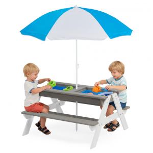 Mesa Infantil 3 em 1 para Brincar com Areia e Água, Inclui Guarda Sol, Ideal para Ar Livre, SoliWood