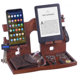 Porta Chaves e Organizador Tudo em Um de Madeira com Suporte para Celular, MAREWOOD, Marrom