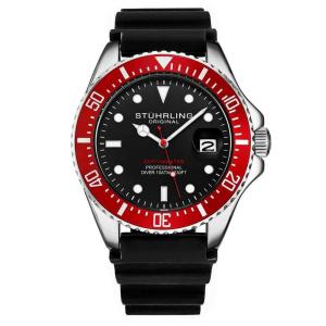 Relógio Stuhrling Depthmaster 3950R 42mm, Mostrador Preto e Prata, Pulseira de Borracha com Fivela Prateada