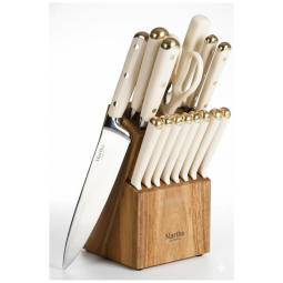 Conjunto de Facas de Cozinha Martha Stewart Lockton 16 Peças Branco Linho com Detalhe Dourado e Bloco em Acácia