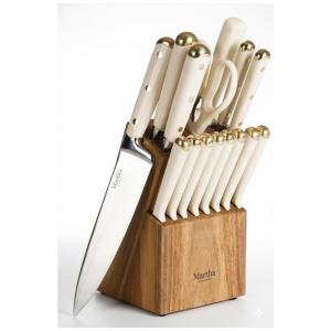 Conjunto de Facas de Cozinha Martha Stewart Lockton 16 Peças Branco Linho com Detalhe Dourado e Bloco em Acácia