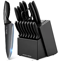 Conjunto de Facas com Bloco de Bancada, Afiador Embutido e Cabo Ergonômico, 16 Peças, Home Hero, Preto