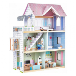 Casa de Bonecas de Madeira com Elevador, 15 Peças de Móveis, Campainha e Luz para Crianças de 3 a 12 Anos, Golitoys, Rosa e Roxo