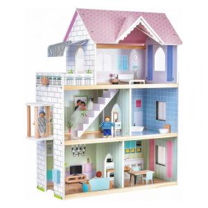 Casa de Bonecas de Madeira com Elevador, 15 Peças de Móveis, Campainha e Luz para Crianças de 3 a 12 Anos, Golitoys, Rosa e Roxo