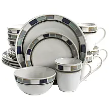 Aparelho de Jantar com 16 Peças em Cerâmica e Esmalte Reativo, Gibson Elite Casa Blanca, Branco e Azul