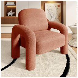 Poltrona Dewhut em tecido sherpa laranja, cadeira decorativa estofada com braços curvos tipo tromba de elefante