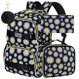 Mochila AGSDON 3PCS Daisy preta para notebook 17" com lancheira e estojo