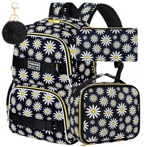 Mochila AGSDON 3PCS Daisy preta para notebook 17" com lancheira e estojo