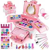Kit de Maquiagem Infantil com 50 Peças e Caixa Estojo Portátil para Crianças de 3 a 12 Anos, Babbyo Princesa Casstle, Rosa e Vermelha
