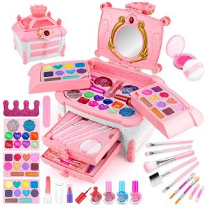 Kit de Maquiagem Infantil com 50 Peças e Caixa Estojo Portátil para Crianças de 3 a 12 Anos, Babbyo Princesa Casstle, Rosa e Vermelha