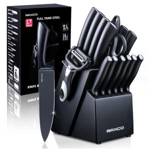 Conjunto de Facas em Aço Inoxidável com Bloco de Bancada, 19 Peças, RAXCO, Preto