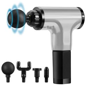 SLLYE Massageador Pistola Elétrico Ergonômico Sem Fio 4 Acessórios 6 Velocidades 3200 RPM, NLKEANCIS, Prateado