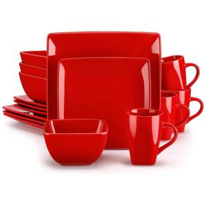 Aparelho de Jantar com 16 Peças em Cerâmica de Formato Quadrado, Vancasso SOHO, Vermelho