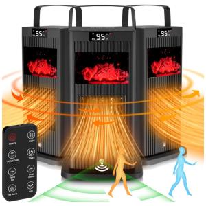 Mini Aquecedor Elétrico Portátil com Sensor Infravermelho Efeito de Chamas de Lareira e Controle Remoto, 110V 1500W, Okoium, Preto