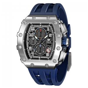 TSAR BOMBA Relógio Masculino de Luxo, Resistente à Água 50M, Pulseira de Silicone Azul, Movimento Quartzo Japonês Chronograph