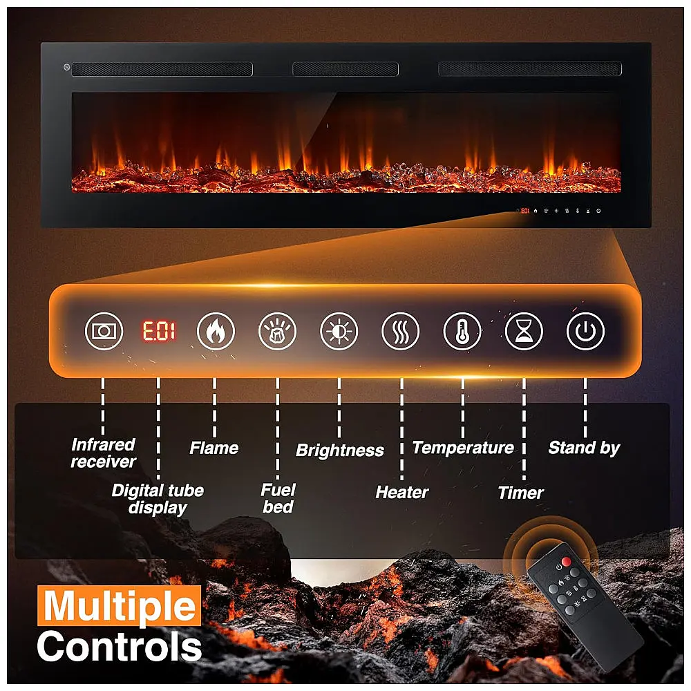 Lareira Elétrica de Embutir A43x127L cm com Temporizador, Controle Remoto e Chama Ajustável de 12 Cores, 110V 1500W, Oneinmil — foto 3