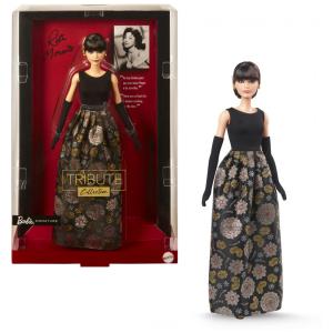 Boneca Barbie Tribute Rita Moreno Signature Mattel colecionador vestido preto e dourado luvas longas suporte exposição 2024
