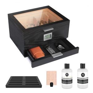 Umidor CASE ELEGANCE Glass Top com cedro espesso, sistema de umidificação fácil, higrômetro digital preciso - Preto