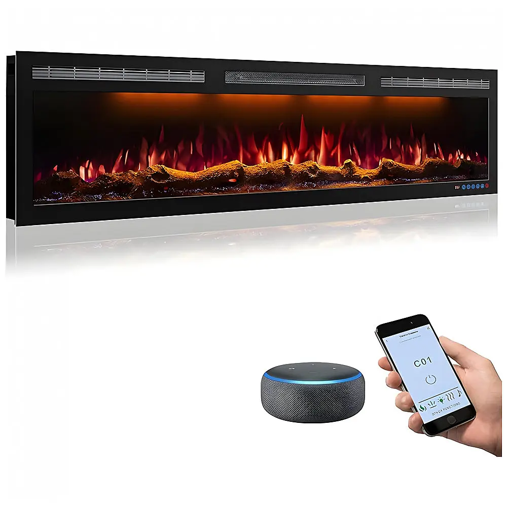 Lareira Elétrica de Embutir A45x152L com Controle Remoto e Tela Sensível ao Toque, 110V 1500W, Mystflame, Preta