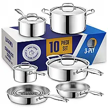 Jogo de Panelas e Frigideiras em Aço Inoxidável com 10 Peças e Utensílios de Cozinha, LEGEND COOKWARE
