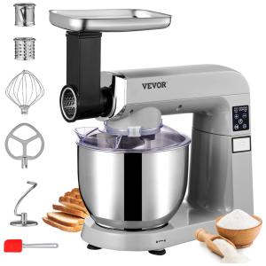 Batedeira Profissional 6 em 1, 7L com 6 Velocidades, Display LED e Acessórios, 110V 450W, VEVOR, Cinza