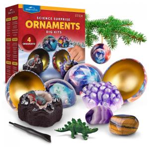 Blue Marble Science Surprise Christmas Ornament Kit para Crianças – 4 Ornamentos com Mini Kit de Escavação de Gemas e Dinossauros