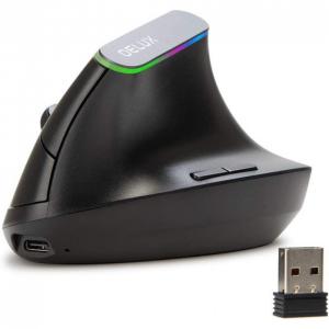 DELUX M618DB Mouse Ergonômico Vertical Óptico sem Fio Reduz a Tensão do Pulso Multifunções e Luz LED, 1000, 4000 DPI, Preto