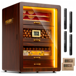 Umidor de Charutos de Mesa, com 3 lados Iluminados, Higrômetro Digital, Umidificador e Packs de Umidade. 4 Gavetas de Cedro.Marvero