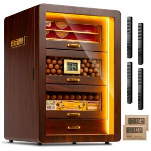 Umidor de Charutos de Mesa, com 3 lados Iluminados, Higrômetro Digital, Umidificador e Packs de Umidade. 4 Gavetas de Cedro.Marvero