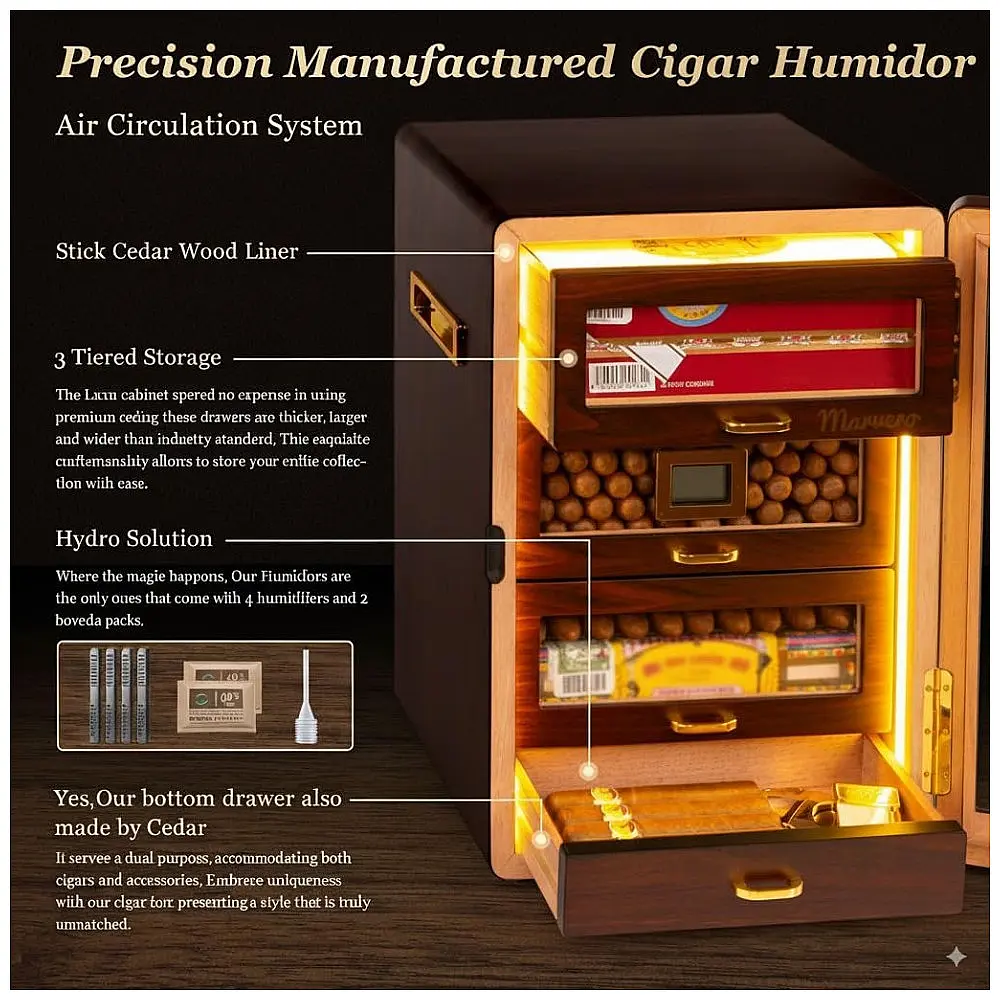 Humidor Charutos Marvero Ébano Desktop 200 Charutos Gavetas Cedro LED — foto 3